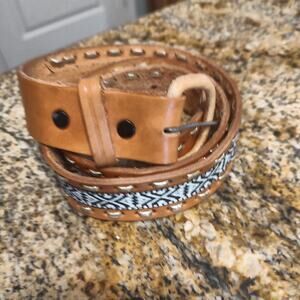 Leather Belt with Decorative Pattern Size 38 Made In Mexico